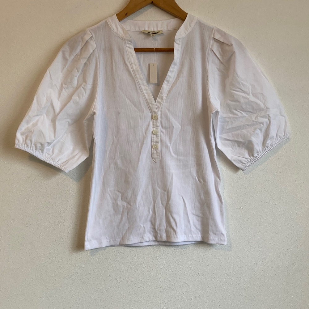 Madewell Puff-Sleeve‎ Henley Knit Top Small White Puff Sleeve Blouse
